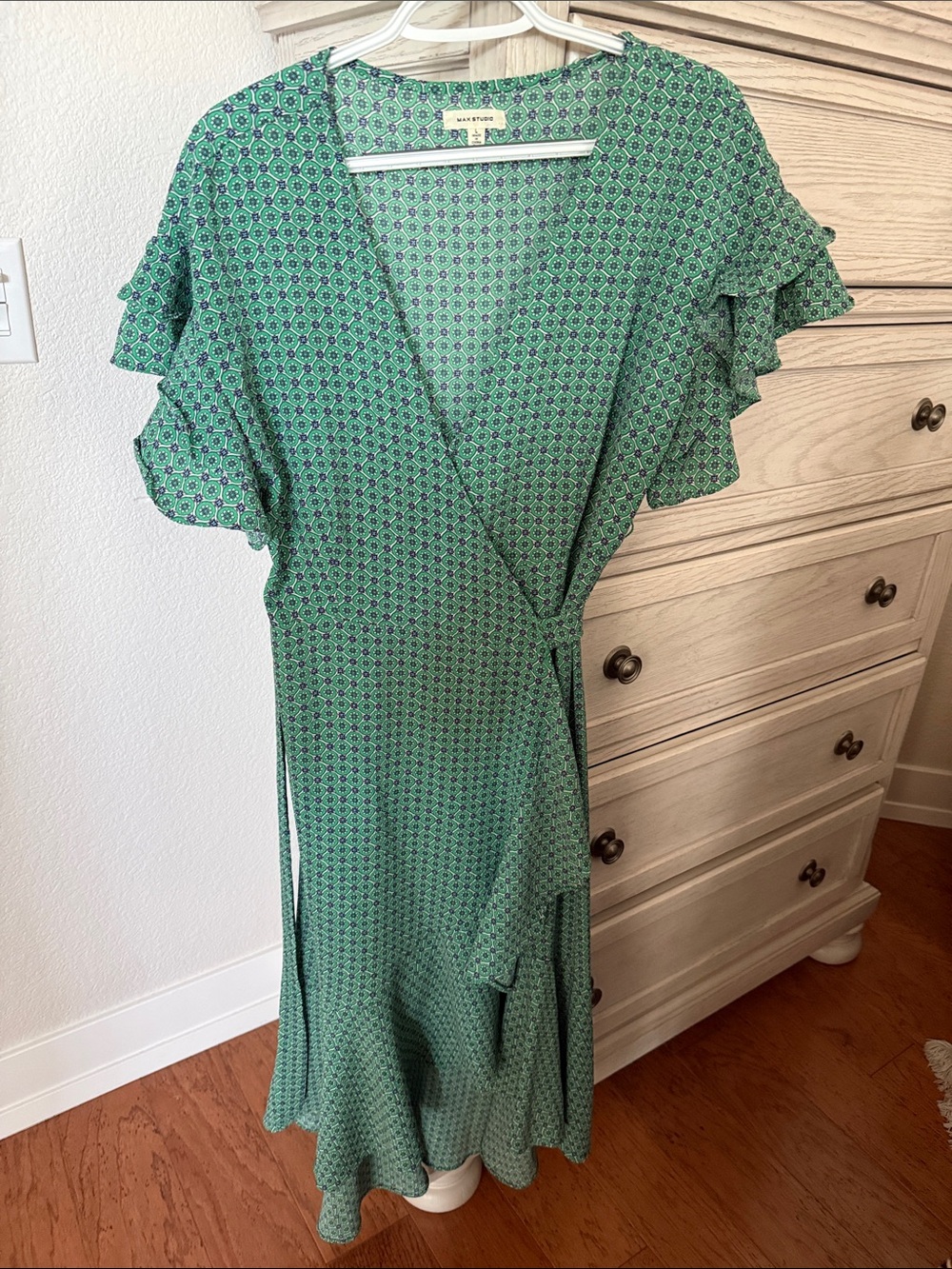Max Studio Green Printed Wrap Midi Dress with Ruffle Sleeves